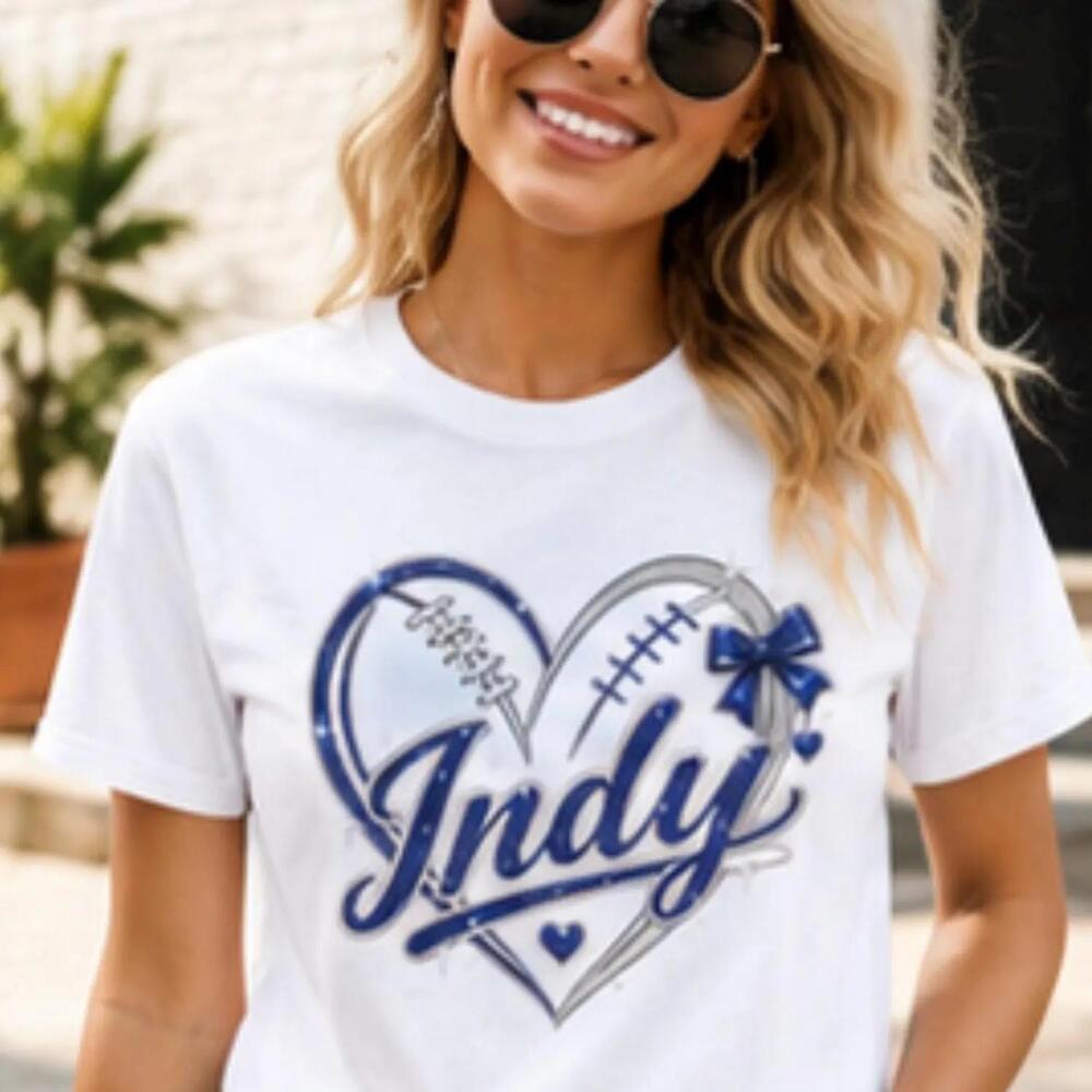 Indianapolis Indy Football Heart Blue White Girly Game Day Womens Fan Tee
